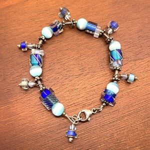 925 Sterling Silver Art Glass Blue White Bead Bracelet 7.5”